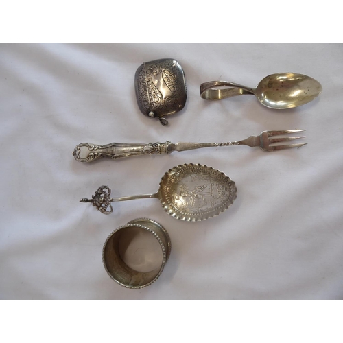 8 - Sundry silver spoons, brush, glass dish etc.