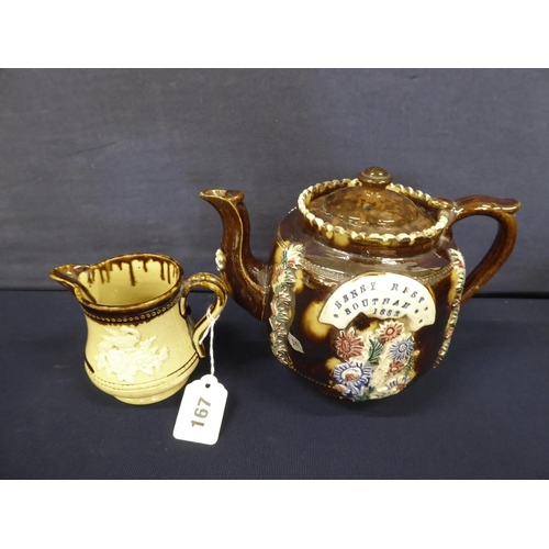 Victorian treacle glaze bargeware teapot Henry Best, Southam 1882 and a