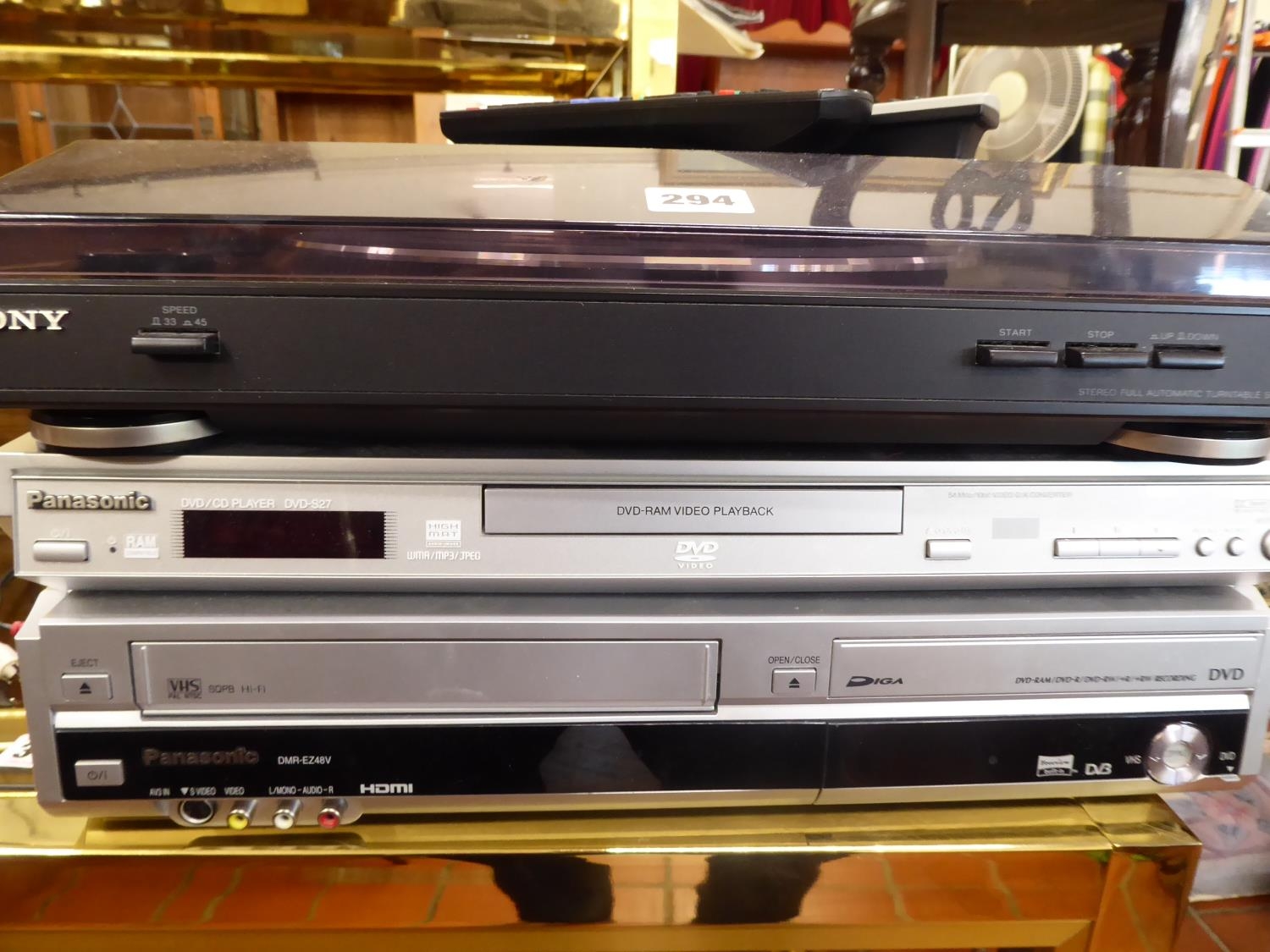 Panasonic VHS/DVD recorder, DVD player, Sony turntable
