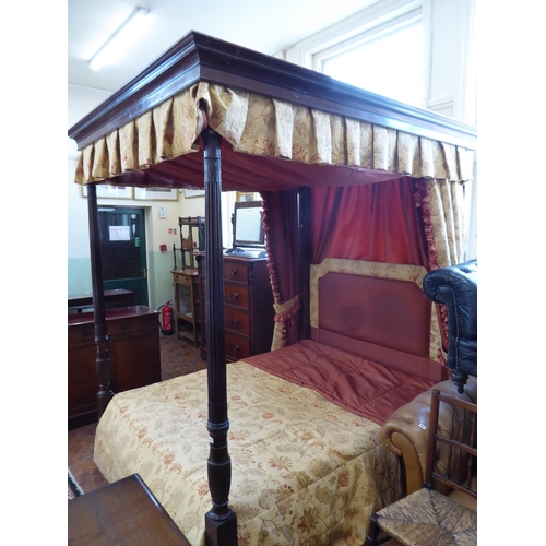 Mahogany four poster bed with fluted column detail, side drapes