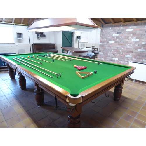 1 - ' The Carlton' Full sized slate bed mahogany snooker table, balls and cues, overhead light, scoreboa... 