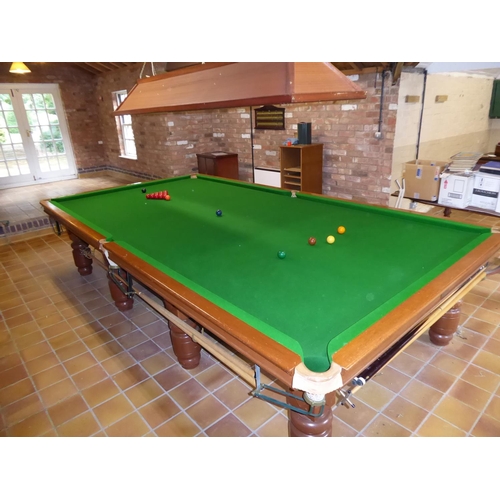 1 - ' The Carlton' Full sized slate bed mahogany snooker table, balls and cues, overhead light, scoreboa... 