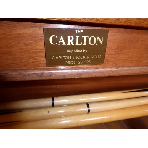 1 - ' The Carlton' Full sized slate bed mahogany snooker table, balls and cues, overhead light, scoreboa... 