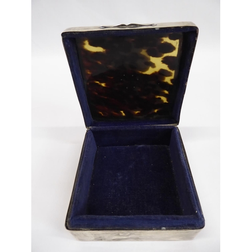 19 - Edwardian square silver tortoiseshell lidded velvet lined ring box - London 1906