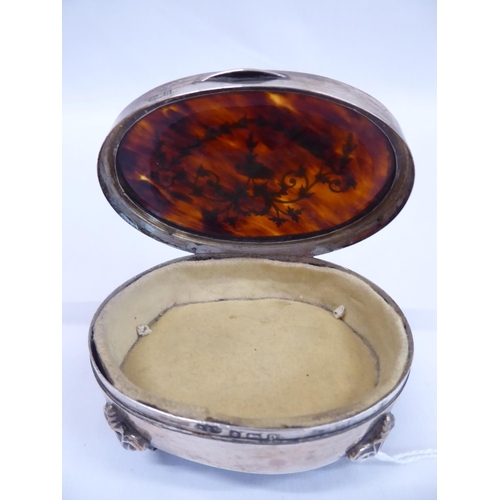 20 - Oval silver pique tortoiseshell velvet lined ring box B'ham 1912 (3