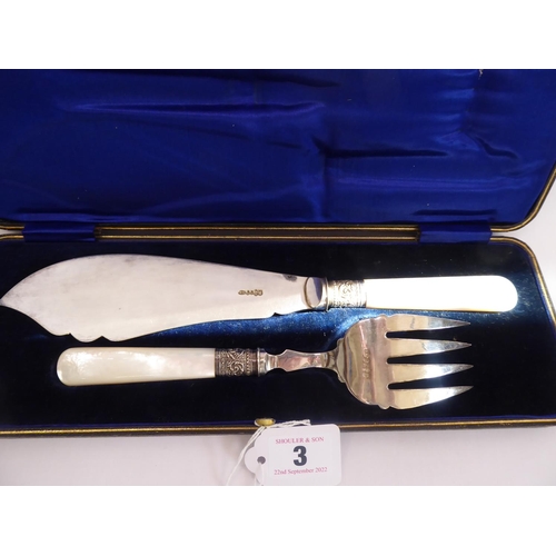 3 - Cased silver plated mother of pearl handled fish servers