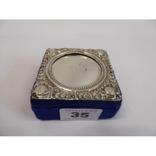 35 - Mirror lidded silver velvet lined ring box (B'ham 1904)