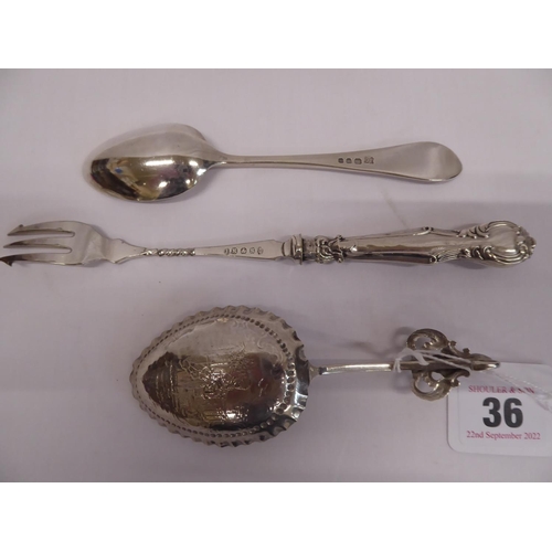 36 - Late 19thC silver caddy spoon, fork and a coronation teaspoon (London 1953) (3)