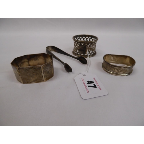 47 - Assorted silver napkin rings & sugar nips (4)