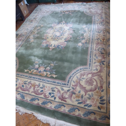 525 - Pale green ground Chinese woollen carpet ( 152