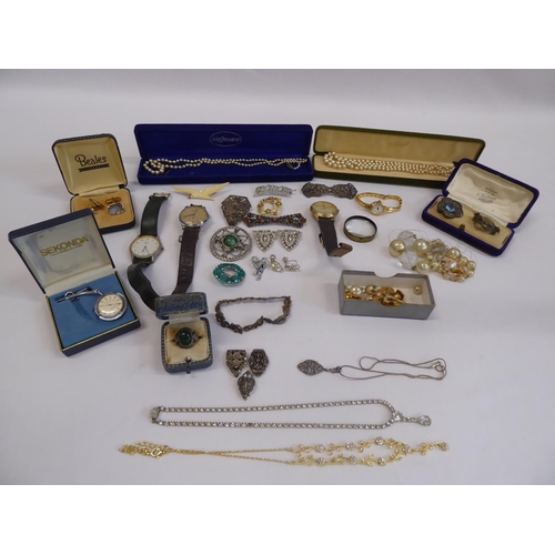 57 - Costume jewellery- pearl necklaces, marcasite, diamente, silver signet ring, watches  etc