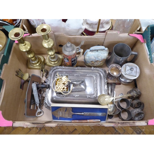 Box of metalware - alpine goat's bell, silver plated tureen, brass candlesticks etc.