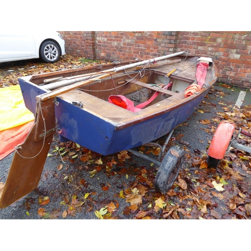 11 - Mirror dinghy with mast, boom and gaffe, sails (no. 39067) launch trolley and transporter trailer