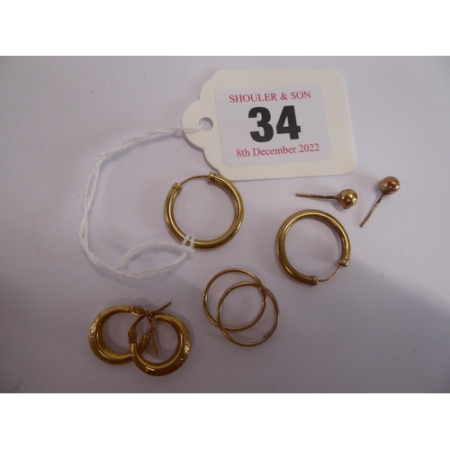 34 - 9ct gold hoop earrings etc. 4 pairs (3.2g)