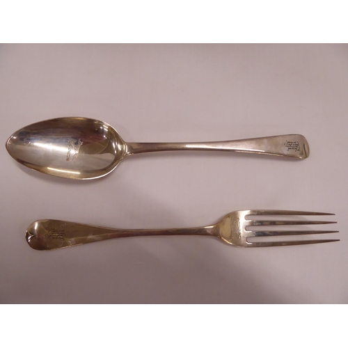 47 - Matched silver fork and spoon engraved with running fox, monogrammed London 1810 and 1855 in leather... 