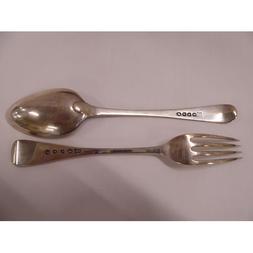 47 - Matched silver fork and spoon engraved with running fox, monogrammed London 1810 and 1855 in leather... 