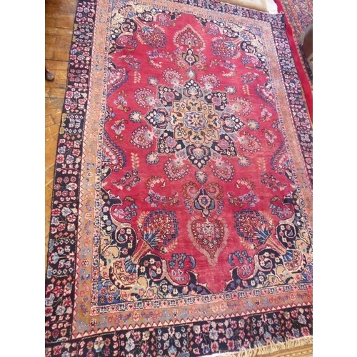 585 - Persian Mashad red and blue ground floral pattern rug (102