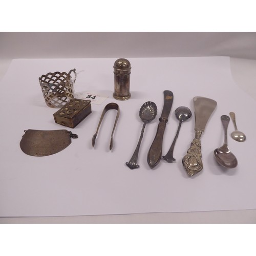 54 - Silver teaspoons, sugar nips, pierced matchbox holder, pepper pot, shoe horn etc. (11)