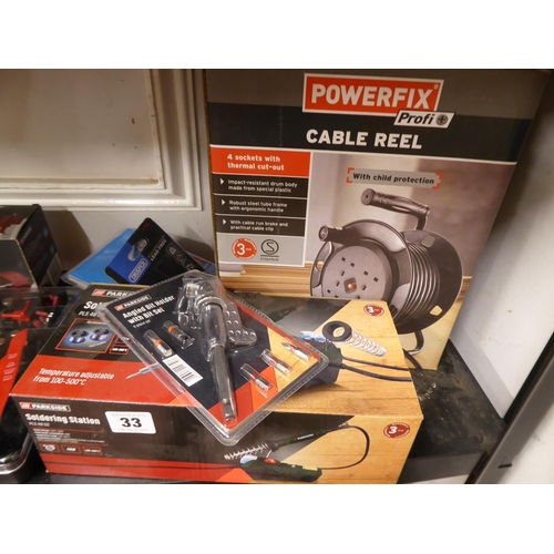 33 - New Powerfix cable reel, crimper pliers, hole saw, carabiner clips, soldering station etc.