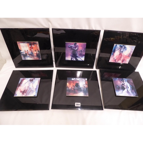 Set of 6 modern block prints on black glass mounts
