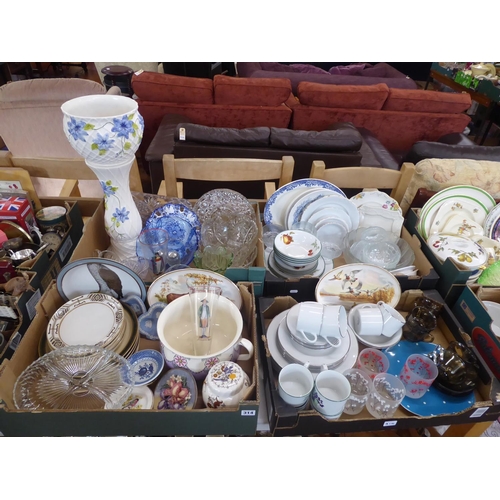 4 boxes glass and china - jardiniere, chamber pot, cake plate, bowls, lager glasses etc.