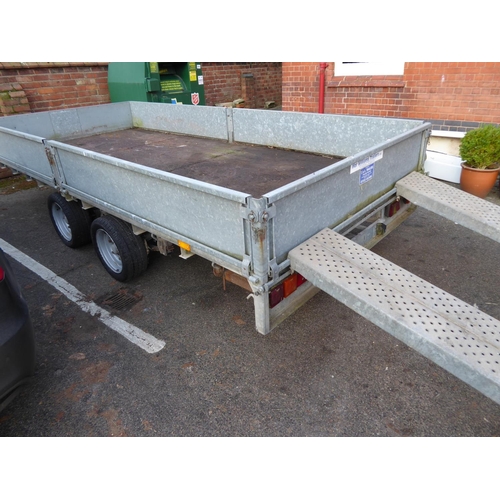 50 - Ifor Williams 14ft galvanised twin axle trailer with pair car ramps