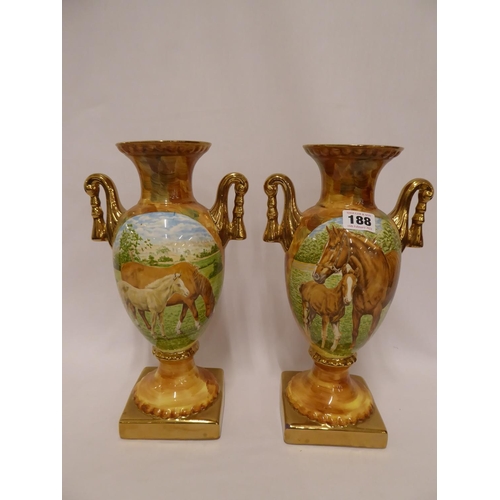 Pair of lustre vases with horse scene panels