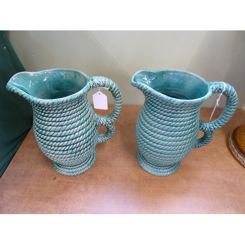 172 - Pair mid 20thC Govancroft? green glaze rope twist jugs (10