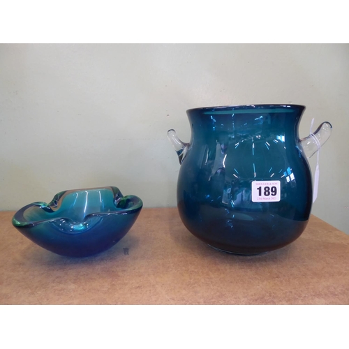 189 - Mid 20thC blue glass bulbous vase and a Murano glass ashtray (2)