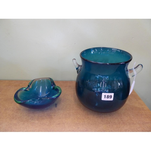 189 - Mid 20thC blue glass bulbous vase and a Murano glass ashtray (2)