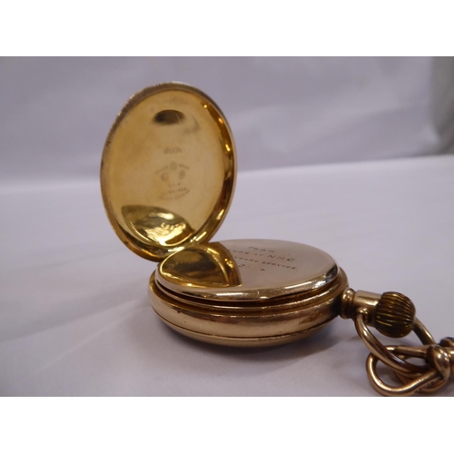 55 - Early 20thC plated Dennison 'Moon' pocket watch with Albert chain and fob