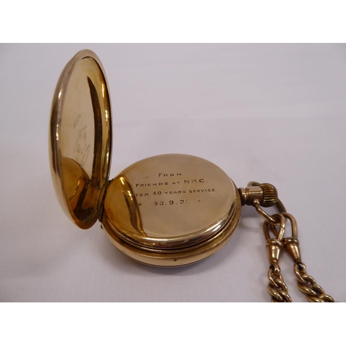 55 - Early 20thC plated Dennison 'Moon' pocket watch with Albert chain and fob