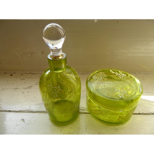 Victorian enamelled green glass perfume bottle and powder jar (2)