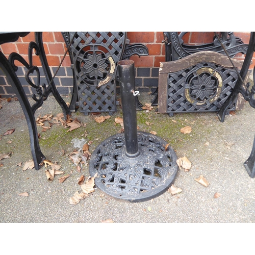 8 - Cast iron garden patio set frames (need new timber), parasol base