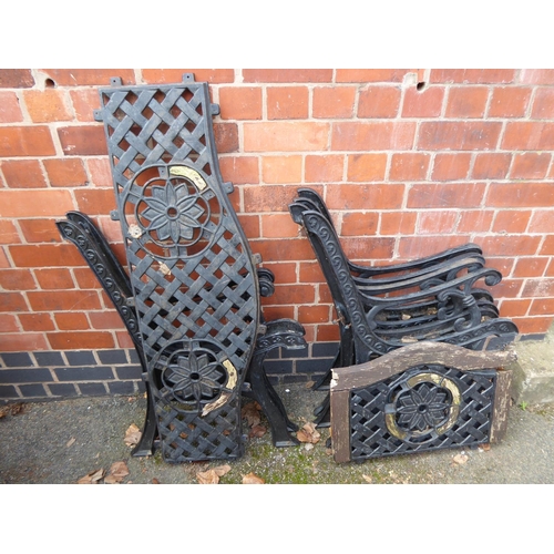 8 - Cast iron garden patio set frames (need new timber), parasol base