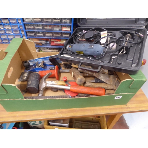 Box of tools - Powercraft combitool, hammers, saw etc.