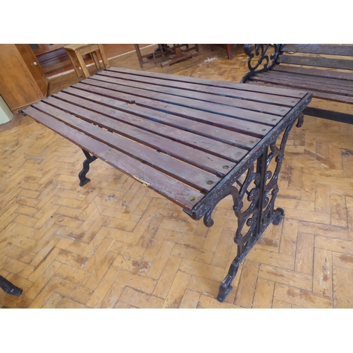 2 - Cast iron wooden slatted table, bench and 2 chairs