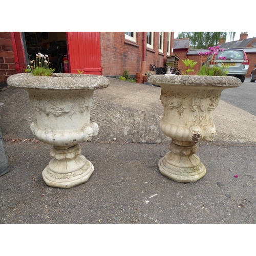 28 - Pair reconstituted stone campana urns (planted with alpines)