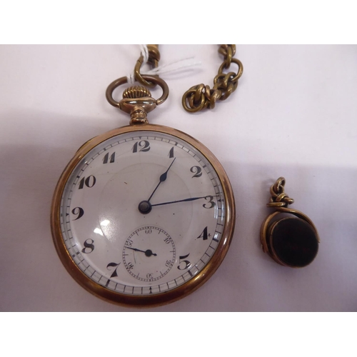 57 - Gold plated pocket watch and chain and yellow metal fob