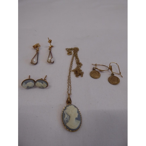 60 - 9ct gold cameo jewellery set, 9ct gold St. Christopher earrings, pearl drop earrings