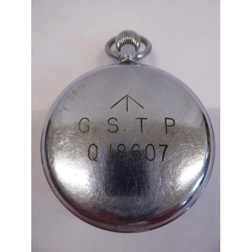 62 - Chrome plated military pocket watch stamped G.S.T.P Q18607