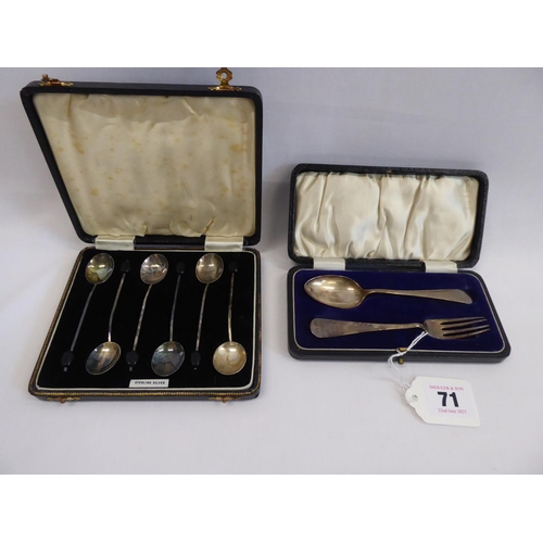 71 - Cased set of 6 silver coffee bean spoons - Birmingham 1936 and cased spoon and fork - Birmingham 192... 