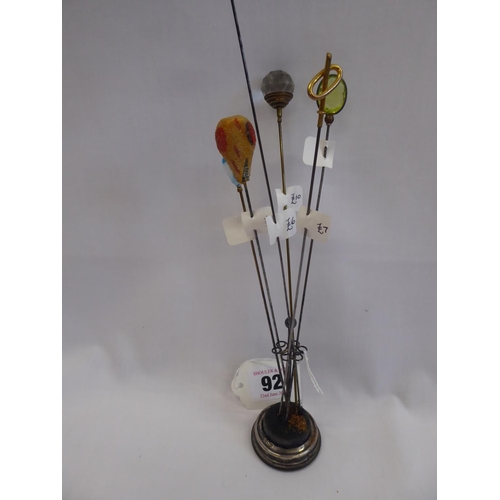 92 - Silver hat pin stand - Birmingham 1903 together with 6 hat pins