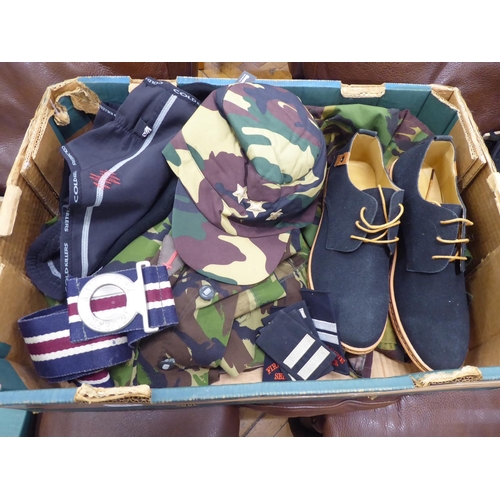 Army surplus clothes, men's shoes, fire service belt
