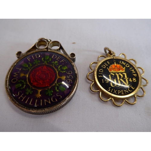 26 - Coloured 1956 two shillings in silver mount and 1848 sixpence in metal mount (2)