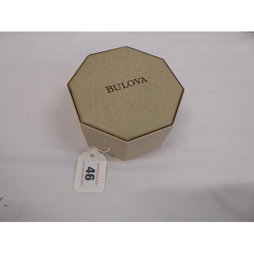 46 - Bulova 9ct gold cased wristwatch (long service inscription to back) on original leather strap in box