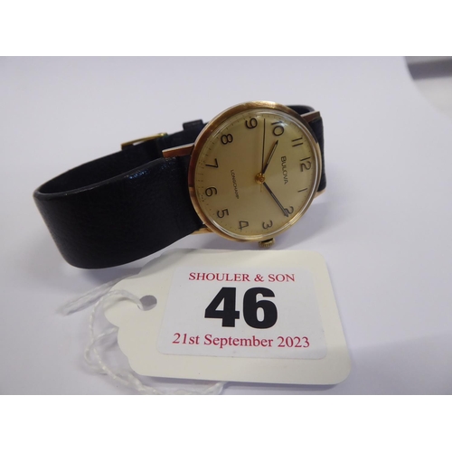 46 - Bulova 9ct gold cased wristwatch (long service inscription to back) on original leather strap in box