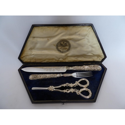 64 - Victorian silver handled cake and knife plated grape scissors in fitted case