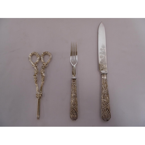 64 - Victorian silver handled cake and knife plated grape scissors in fitted case