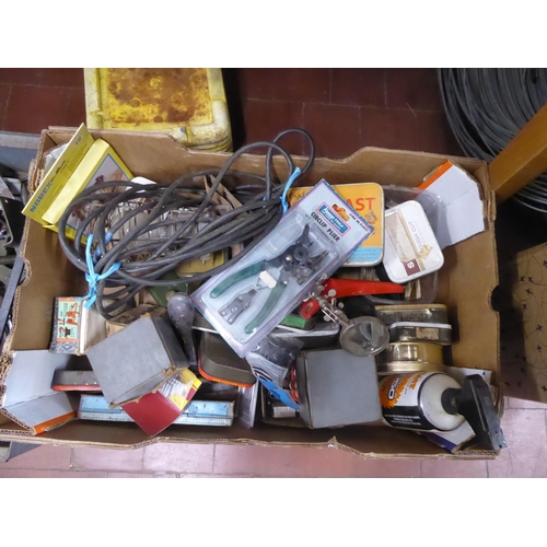 41 - Box of tools, hardware, old tobacco tins, padlocks, metal toolbox etc.